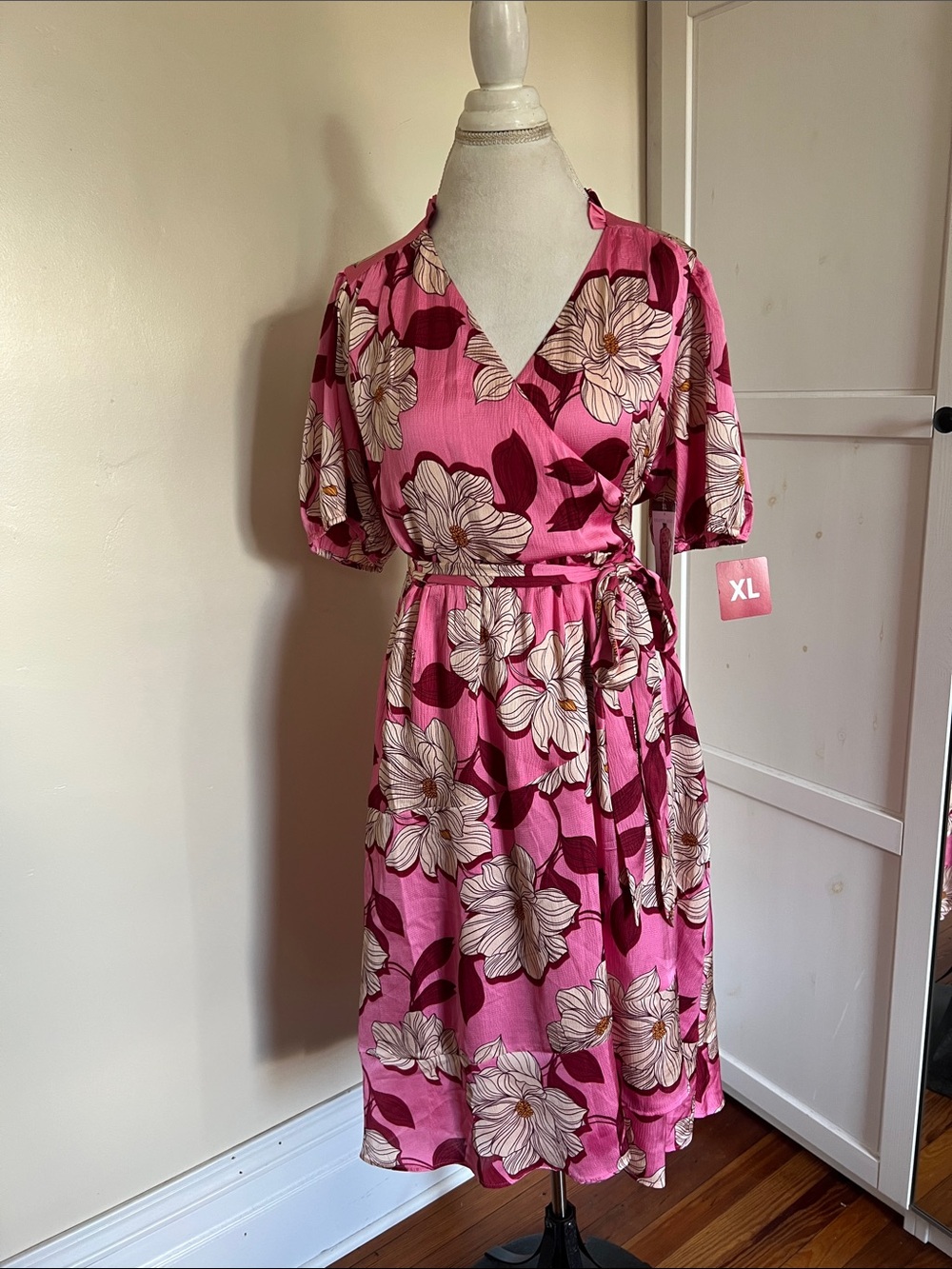 Draper James Pink Floral Puff Sleeve Belted Wrap Midi Dress Size XL NWT